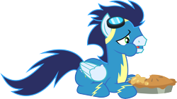 Size: 8900x5000 | Tagged: safe, artist:chainchomp2, imported from derpibooru, soarin', pegasus, pony, rarity investigates, .svg available, absurd resolution, eating, food, goggles, male, pie, prone, puffy cheeks, simple background, solo, stallion, that pony sure does love pies, transparent background, vector, wonderbolts uniform