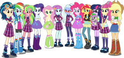 Size: 5500x2588 | Tagged: safe, artist:xebck, imported from derpibooru, applejack, fluttershy, indigo zap, lemon zest, pinkie pie, rainbow dash, rarity, sci-twi, sour sweet, spike, spike the regular dog, sugarcoat, sunny flare, sunset shimmer, twilight sparkle, dog, equestria girls, friendship games, absurd resolution, alternate hairstyle, applejack's hat, balloon, barrette, bauble, baubles, belt, boots, bracelet, canterlot high, cardigan, clothes, collar, compression shorts, cowboy boots, cowboy hat, crossed arms, crystal prep academy, crystal prep academy uniform, crystal prep shadowbolts, denim skirt, ear piercing, earring, eyeshadow, female, freckles, glasses, goggles, group, hairclip, hairpin, hand on hip, hand on waist, hands behind back, hands on waist, hat, headphones, high heel boots, humane eight, humane five, humane seven, humane six, jacket, jeans, jewelry, leather jacket, leggings, loose hair, makeup, mane six, necktie, pants, piercing, pigtails, plaid skirt, ponytail, raised leg, rolled up sleeves, school uniform, shadow five, shadow six, shirt, simple background, skirt, smiling, socks, standing, stetson, sweatband, tanktop, transparent background, twintails, uniform, vector, vest, wondercolts, wristband