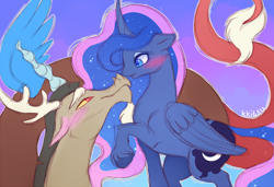 Size: 1280x873 | Tagged: dead source, safe, artist:kkitsu, imported from derpibooru, discord, princess luna, blushing, female, lunacord, male, raised hoof, shipping, sketchy, straight, unshorn fetlocks