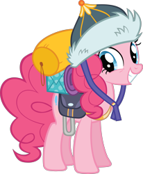 Size: 9783x11884 | Tagged: safe, artist:gen-ma, imported from derpibooru, pinkie pie, the lost treasure of griffonstone, .svg available, absurd resolution, bags, cute, diapinkes, equipment, female, hat, mongolian shepherd hat, offscreen character, simple background, smiling, solo, transparent background, vector