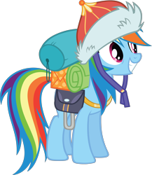 Size: 11154x12866 | Tagged: safe, artist:gen-ma, imported from derpibooru, rainbow dash, the lost treasure of griffonstone, .svg available, absurd resolution, bags, cute, dashabetes, equipment, female, hat, mongolian shepherd hat, offscreen character, simple background, smiling, solo, transparent background, vector