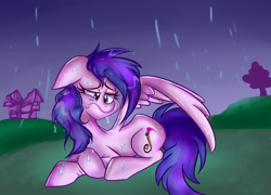 Size: 1024x738 | Tagged: safe, artist:purpleroselyn, imported from derpibooru, oc, oc only, oc:purple roselyn, pegasus, pony, female, mare, pegasus oc, rain, sad, solo