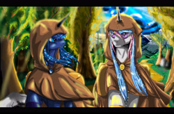 Size: 4950x3240 | Tagged: safe, artist:fairysearch, imported from derpibooru, princess celestia, princess luna, absurd resolution, cloak, clothes, everfree forest, forest