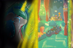Size: 4950x3240 | Tagged: safe, artist:fairysearch, imported from derpibooru, applejack, fluttershy, pinkie pie, princess celestia, princess luna, do princesses dream of magic sheep, absurd resolution, magic, sleeping, tears of joy