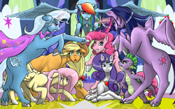 Size: 1280x800 | Tagged: safe, artist:shybaldur, imported from derpibooru, applejack, fluttershy, pinkie pie, rainbow dash, rarity, spike, trixie, twilight sparkle, alicorn, pony, female, fire ruby, mane seven, mane six, mare, twilight sparkle (alicorn)