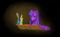 Size: 709x433 | Tagged: safe, artist:shybaldur, imported from derpibooru, twilight sparkle, candle, female, quill, solo