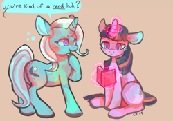 Size: 1280x895 | Tagged: safe, artist:cherivinca, imported from derpibooru, trixie, twilight sparkle, pony, unicorn, book, dialogue, duo, female, magic, mare