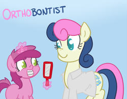 Size: 720x564 | Tagged: safe, artist:atlur, deleted from derpibooru, imported from derpibooru, bon bon, ruby pinch, sweetie drops, earth pony, pony, unicorn, bonafied, bonpun, braces, dentist, grin, levitation, magic, mirror, orthodontist, smiling