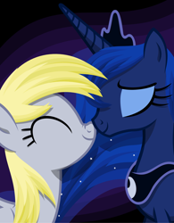 Size: 2634x3374 | Tagged: safe, artist:zacatron94, imported from derpibooru, derpy hooves, princess luna, pegasus, pony, boop, cute, derpabetes, eyes closed, female, lesbian, lunabetes, lunaderp, mare, nose wrinkle, noseboop, nuzzling, shipping, smiling