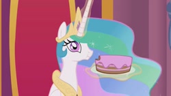 Size: 1280x720 | Tagged: safe, artist:whitehawke, imported from derpibooru, screencap, princess celestia, cake, cakelestia, female, magic, solo, throne