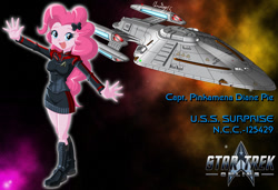 Size: 1280x875 | Tagged: safe, artist:captricosakara, imported from derpibooru, pinkie pie, equestria girls, boots, captain, clothes, commission, crossover, female, humanized, open mouth, prometheus class, science fiction, solo, space, spaceship, star trek, star trek online, starfleet
