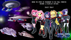 Size: 1024x576 | Tagged: safe, artist:captricosakara, imported from derpibooru, applejack, fluttershy, pinkie pie, rainbow dash, rarity, twilight sparkle, equestria girls, boots, captain, clothes, commission, compilation, crossover, defiant, galaxy, humane six, mane six, miranda, recruitment poster, skirt, space, spaceship, star trek, star trek online, starfleet, twilight spockle, uniform, vulcan salute