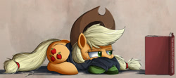 Size: 2000x884 | Tagged: safe, artist:ncmares, imported from derpibooru, applejack, pony, book, clothes, countryisms, female, prone, reading, socks, solo, striped socks