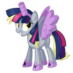 Size: 1440x1440 | Tagged: safe, artist:thecheeseburger, imported from derpibooru, derpy hooves, twilight sparkle, alicorn, pony, scare master, alicorn costume, clothes, costume, fake horn, fake wings, female, mare, nightmare night costume, simple background, solo, toilet paper roll, toilet paper roll horn, twilight muffins, twilight sparkle (alicorn), wig