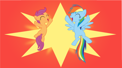 Size: 6000x3348 | Tagged: dead source, safe, artist:slb94, imported from derpibooru, rainbow dash, scootaloo, pegasus, pony, brotherhooves social, ^^, abstract background, eyes closed, female, filly, foal, mare, open mouth, spread wings, vector, victory, wings