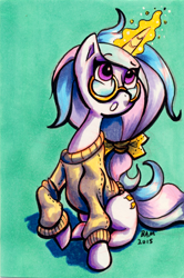 Size: 532x800 | Tagged: safe, artist:truespawnling, imported from derpibooru, princess celestia, pony, unicorn, clothes, female, glasses, solo, sweater, young