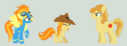 Size: 1316x480 | Tagged: safe, artist:deppressedunicorn, imported from derpibooru, braeburn, spitfire, oc, oc:fireside apple, family, female, male, offspring, parent:braeburn, parent:spitfire, parents:spitburn, shipping, simple background, spitburn, straight