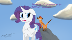 Size: 4109x2304 | Tagged: safe, artist:megaanimationfan, imported from derpibooru, rarity, meerkat, pony, unicorn, crossover, disney, do not want, floppy ears, hoof fluff, signature, the lion king, timon