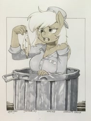 Size: 960x1280 | Tagged: safe, artist:kevinsano, imported from derpibooru, derpy hooves, anthro, banana peel, breasts, busty derpy hooves, cleavage, female, inktober, monochrome, solo, traditional art, trash can