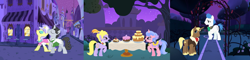 Size: 1024x244 | Tagged: safe, artist:hubfanlover678, imported from derpibooru, chocolate sun, jet set, lyrica lilac, orion, royal ribbon, shooting star (character), upper crust, cake, canterlot, canterlot gardens, food, night, tree