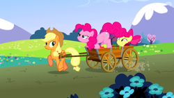 Size: 1280x720 | Tagged: safe, edit, edited screencap, imported from derpibooru, screencap, apple bloom, applejack, pinkie pie, too many pinkie pies, cart