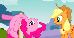 Size: 1400x714 | Tagged: safe, edit, edited screencap, imported from derpibooru, screencap, applejack, pinkie pie, too many pinkie pies, backbend, nose wrinkle, scrunchy face