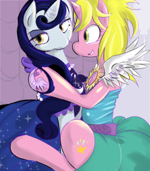 Size: 900x1022 | Tagged: safe, artist:suzumaru, imported from derpibooru, moonlight raven, sunshine smiles, pony, unicorn, canterlot boutique, clothes, cute, dress, female, mare, over the moon, sisters, tripping the light