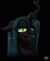 Size: 2002x2422 | Tagged: dead source, safe, artist:lrusu, imported from derpibooru, queen chrysalis, changeling, changeling queen, female, glowing eyes, grin, kitchen eyes, looking at you, open mouth, sharp teeth, solo