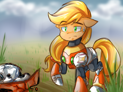 Size: 1600x1200 | Tagged: safe, artist:thegreatrouge, imported from derpibooru, applejack, made in manehattan, crossover, female, mega man (series), megaman, megaman x, scene interpretation, solo, zero