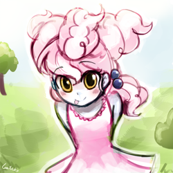 Size: 750x750 | Tagged: safe, artist:lumineko, imported from derpibooru, cotton puff, human, brotherhooves social, equestria girls, blushing, clothes, cute, dress, equestria girls-ified, female, hands behind back, humanized, solo, tongue out