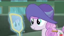 Size: 640x360 | Tagged: safe, imported from derpibooru, screencap, pearmain worcester, pony, made in manehattan, cloche hat, female, hat, mare, mirror, solo