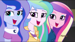 Size: 1360x768 | Tagged: safe, edit, edited screencap, imported from derpibooru, screencap, princess cadance, princess celestia, princess luna, equestria girls, friendship games, dean cadance, looking at you, no makeup edit, open mouth, principal celestia, smiling, vice principal luna