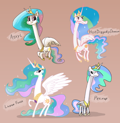 Size: 1280x1309 | Tagged: safe, artist:switchy, imported from derpibooru, princess celestia, alicorn, pony, .mov, atryl-ish, female, hotdiggedydemon-ish, long neck, mare, princess necklestia, raised hoof, solo, style emulation