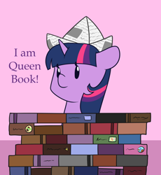 Size: 1280x1392 | Tagged: safe, artist:estrill, imported from derpibooru, twilight sparkle, pony, unicorn, adorkable, book, book fort, bookhorse, cute, dork, female, floppy ears, hat, paper hat, smiling, solo, that pony sure does love books, twiabetes