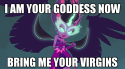 Size: 640x357 | Tagged: safe, edit, edited screencap, imported from derpibooru, screencap, sci-twi, twilight sparkle, equestria girls, friendship games, bring me your virgins, caption, female, i am your god now bring me your virgins, image macro, meme, midnight sparkle, solo