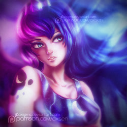 Size: 800x800 | Tagged: safe, artist:axsens, imported from derpibooru, princess luna, human, alternative cutie mark placement, cutie mark on human, female, horned humanization, humanized, shoulder cutie mark, solo, watermark