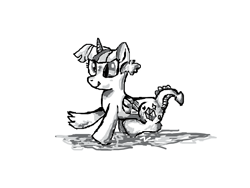 Size: 520x390 | Tagged: safe, artist:octoling, imported from derpibooru, spike, twilight sparkle, alicorn, hybrid, pony, cute, doodle or die, fangs, female, fusion, mare, monochrome, simple background, sitting, sketch, smiling, solo, twilight sparkle (alicorn), we have become one, what has magic done, what has science done