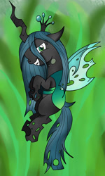 Size: 1024x1706 | Tagged: safe, artist:theartistsora, imported from derpibooru, queen chrysalis, changeling, changeling queen, female, flying, grin, solo