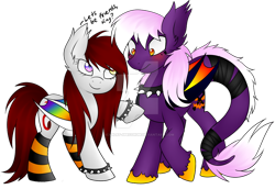 Size: 2950x2032 | Tagged: safe, artist:scarlet-spectrum, imported from derpibooru, oc, oc only, oc:nightmare prankster, oc:scarlet spectrum, bat pony, pony, blushing, bracelet, choker, clothes, dialogue, raised hoof, simple background, smiling, socks, spiked choker, spiked wristband, striped socks, transparent background