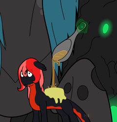 Size: 1132x1180 | Tagged: safe, artist:parallel black, imported from derpibooru, queen chrysalis, oc, oc:mave, alp-luachra, changeling, original species, butter, imminent vore, spoon, syrup