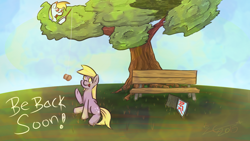 Size: 1280x720 | Tagged: safe, artist:liracrown, imported from derpibooru, derpy hooves, rainbow dash, pegasus, pony, bench, computer, distraction, female, fishing, fishing rod, hiding, laptop computer, mare, muffin, sitting, tree