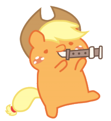 Size: 397x434 | Tagged: safe, artist:omegaozone, imported from derpibooru, applejack, animated, chibi, chubbie, cute, female, flute, gif, mitchirineko march, musical instrument, pony parade, simple background, solo, song of my people, transparent background