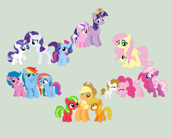 Size: 1024x823 | Tagged: safe, artist:hateful-minds, imported from derpibooru, applejack, applejack (g1), applejack (g3), firefly, fluttershy, glory, pinkie pie, pinkie pie (g3), posey, rainbow dash, rainbow dash (g3), rarity, rarity (g3), sparkler (g1), surprise, twilight, twilight sparkle, alicorn, earth pony, pegasus, pony, unicorn, big crown thingy, element of magic, family, fanfic art, female, filly, foal, g1, g1 six, g1 to g4, g3, g3 to g4, g4, generation leap, gray background, jewelry, mane six, mare, mother and daughter, offspring, parent:applejack, parent:fluttershy, parent:pinkie pie, parent:rainbow dash, parent:rarity, parent:twilight sparkle, regalia, simple background, twilight sparkle (alicorn)