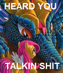 Size: 410x482 | Tagged: safe, artist:mary jane begin, imported from derpibooru, fluttershy, dragon, pegasus, pony, the dragons on dazzle island, duo, female, image macro, mare, meme, reaction image, vulgar