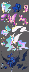 Size: 1280x3109 | Tagged: safe, artist:grievousfan, imported from derpibooru, princess cadance, princess celestia, princess luna, bat wings, color palette, curved horn, raised hoof, reference sheet, spread wings