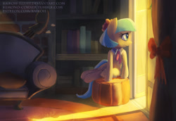Size: 1485x1020 | Tagged: safe, artist:grissaecrim, artist:raikoh, imported from derpibooru, coco pommel, earth pony, pony, made in manehattan, apartment, book, bookshelf, cello, coco's apartment, couch, female, mare, musical instrument, patreon, sitting, smiling, solo