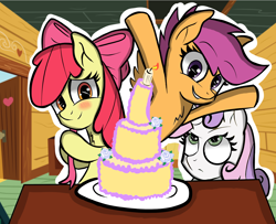 Size: 1600x1300 | Tagged: safe, artist:hanzel2, imported from derpibooru, apple bloom, scootaloo, sweetie belle, earth pony, pegasus, pony, unicorn, adorabloom, birthday cake, blushing, cake, chest fluff, clubhouse, crusaders clubhouse, cute, cutealoo, cutie mark crusaders, happy birthday, looking at you, smiling, unamused