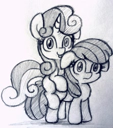 Size: 1080x1217 | Tagged: safe, artist:heavymetalbronyyeah, imported from derpibooru, apple bloom, sweetie belle, duo, floppy ears, licking, monochrome, ponies riding ponies, riding, sketch, sweetie belle riding apple bloom, tongue out, traditional art