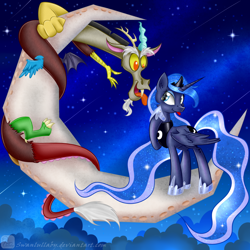 Size: 800x800 | Tagged: safe, artist:swanlullaby, imported from derpibooru, discord, princess luna, alicorn, draconequus, pony, crescent moon, duo, female, licking, lunacord, male, moon, shipping, stars, straight, tangible heavenly object, tongue out