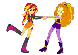 Size: 5000x3535 | Tagged: safe, artist:jdbener, imported from derpibooru, adagio dazzle, sunset shimmer, equestria girls, .svg available, absurd resolution, boots, clothes, dancing, female, fingerless gloves, gloves, high heels, holding hands, leather jacket, lesbian, ponyscape, raised leg, request, shipper on deck, shipping, shoes, simple background, skirt, spikes, sunsagio, transparent background, vector